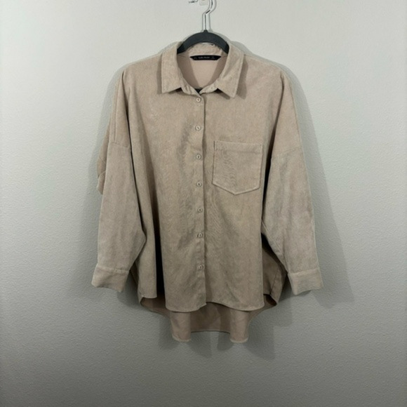 Zara Basic Button Front Shacket Slouchy Relaxed Shirt Jacket Long Sleeve Sz L - Picture 1 of 4